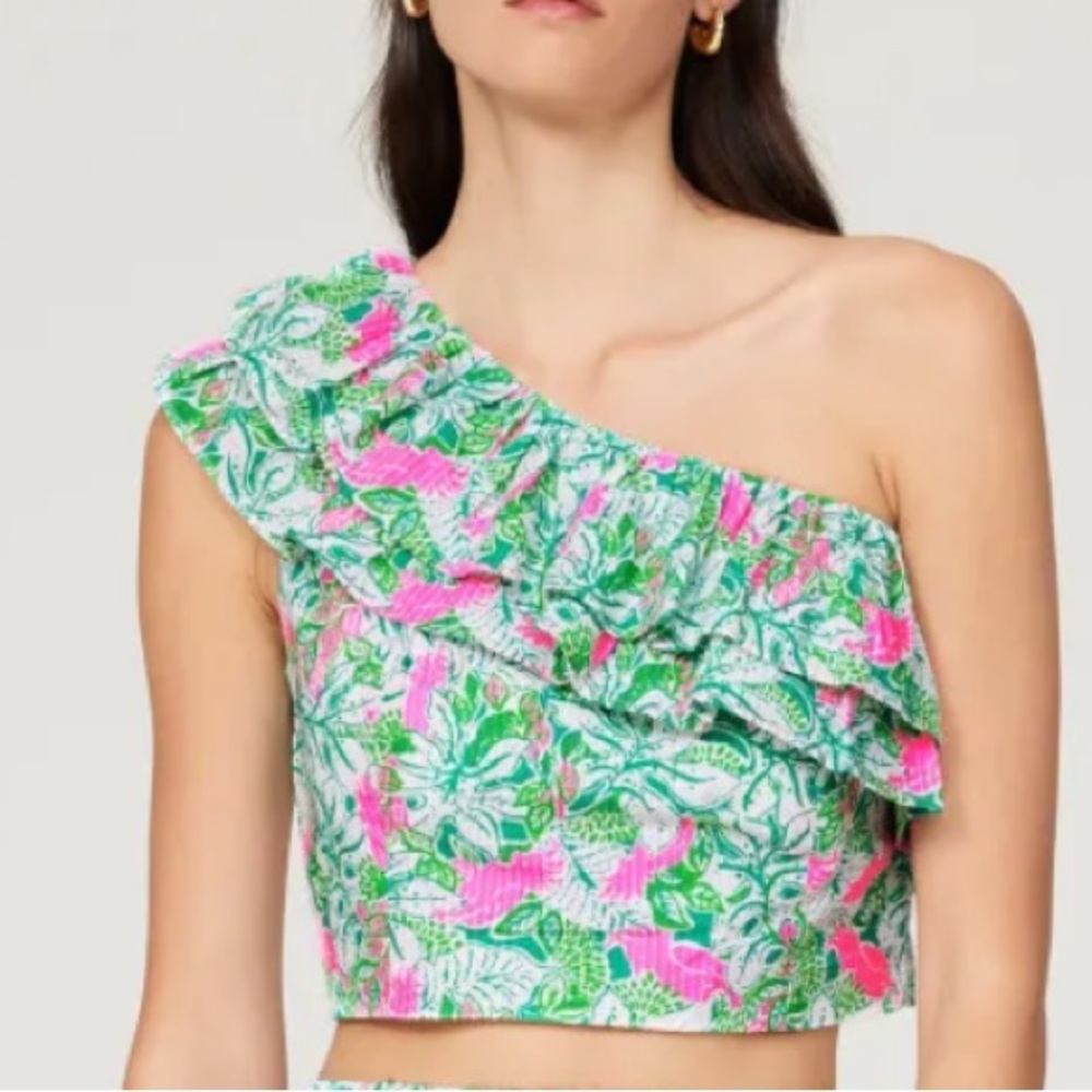 Lilly Pulitzer Kasida Ruffle One Crop Top in Botanical Green Just Wing It - Picture 3 of 11
